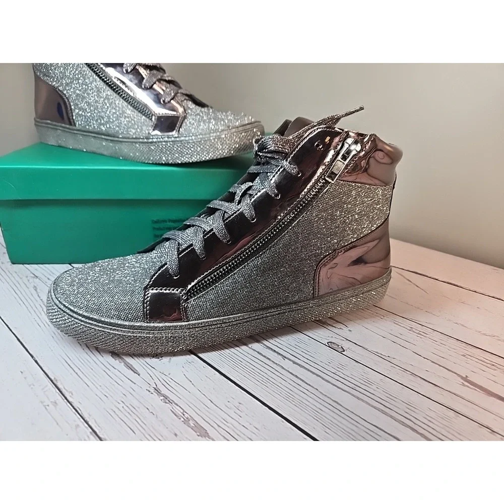 Lauren Lorraine Skippy Sz 10 Pewter High Top Sneaker Bling‎ Sparkle Fabulous